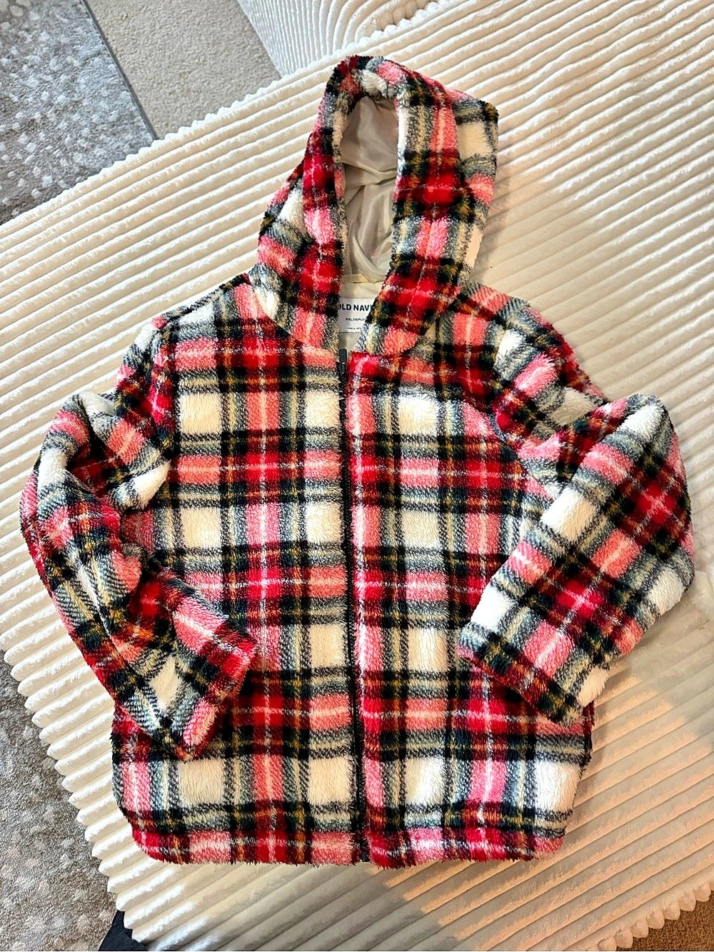 Old Navy Plaid Hooded Jacket in Red & Cream Like New